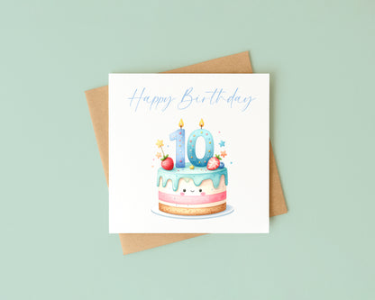 10th Birthday Card Blue Pink Yellow Cake Number 10 with Envelope