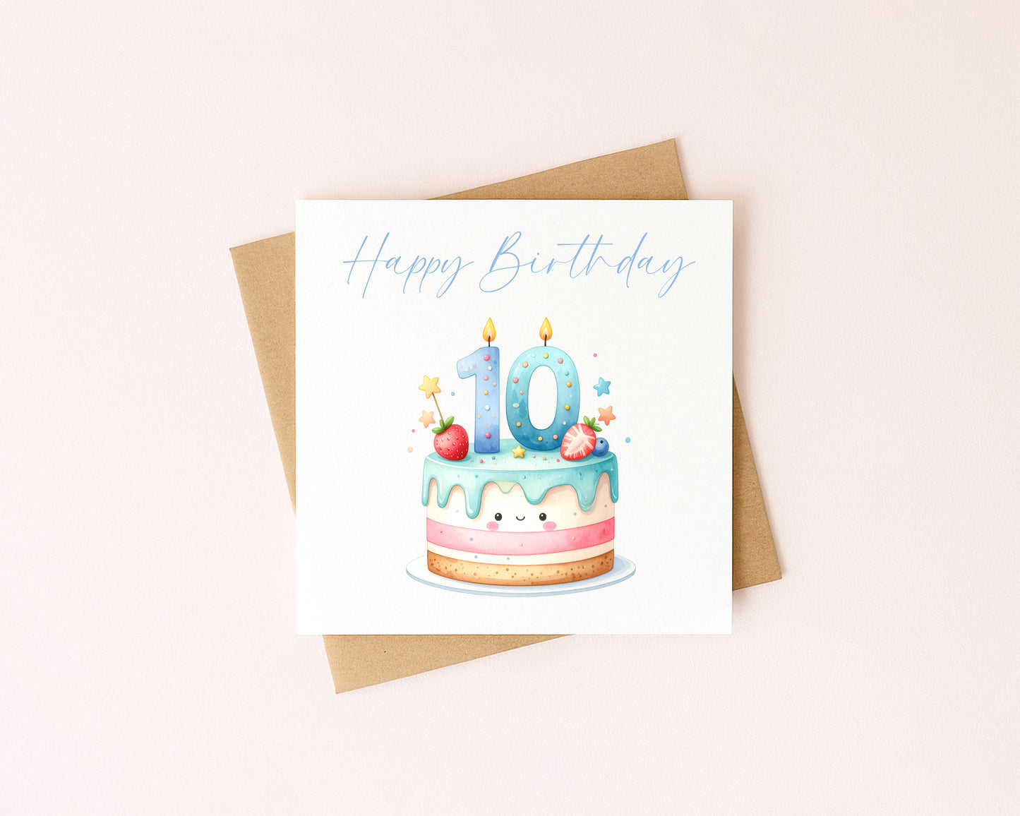 10th Birthday Card Blue Pink Yellow Cake Number 10 with Envelope