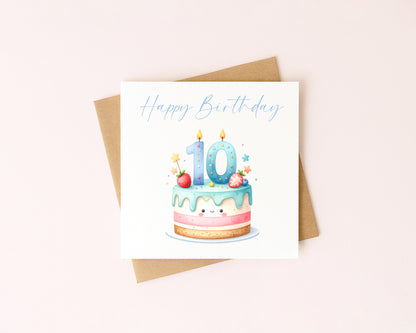 10th Birthday Card Blue Pink Yellow Cake Number 10 with Envelope