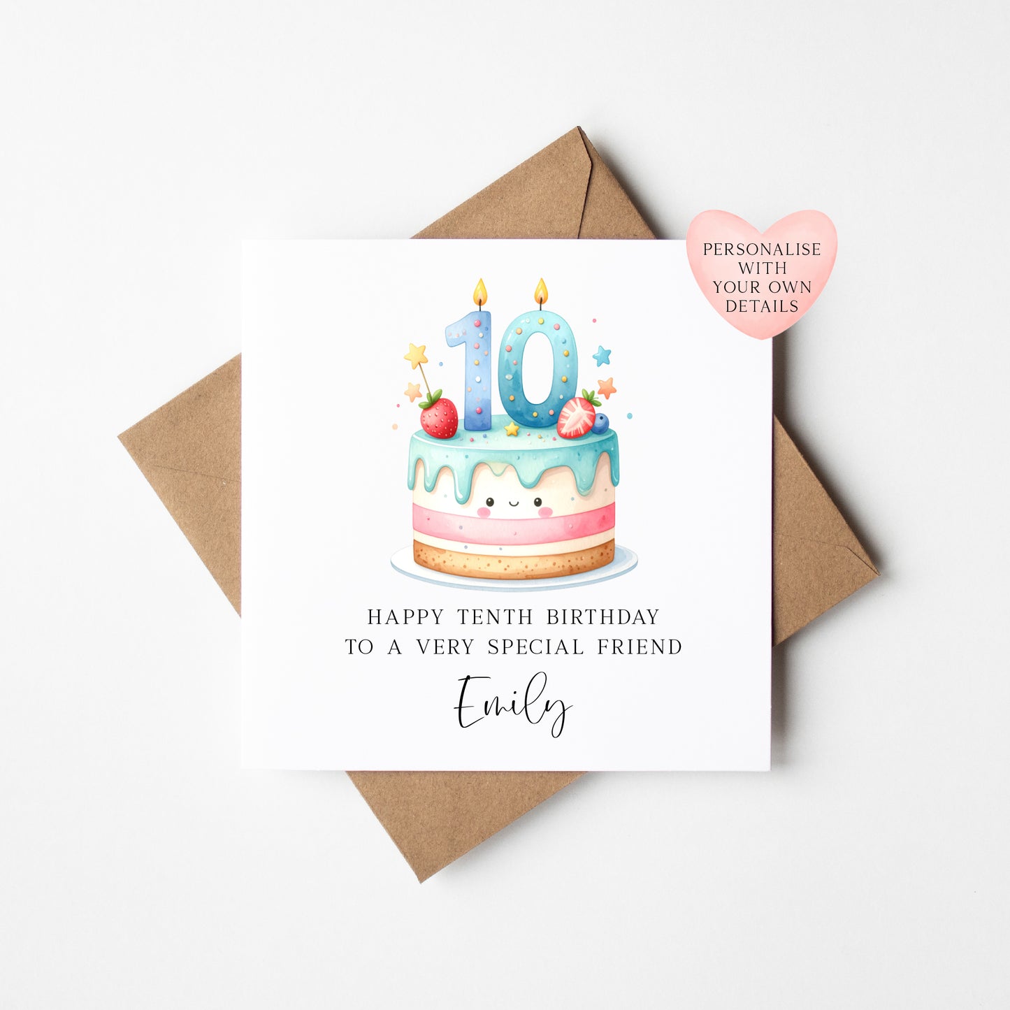 Personalised 10th Birthday Card Cake Number 10 pastel kids card (Envelope Included)