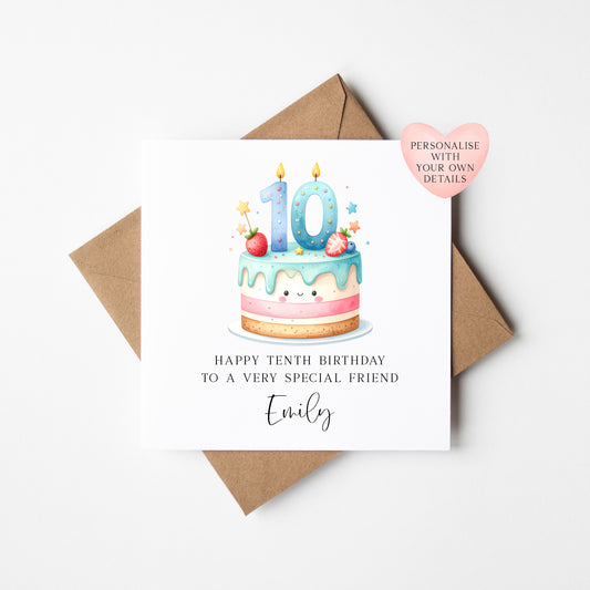 Personalised 10th Birthday Card Cake Number 10 pastel kids card (Envelope Included)