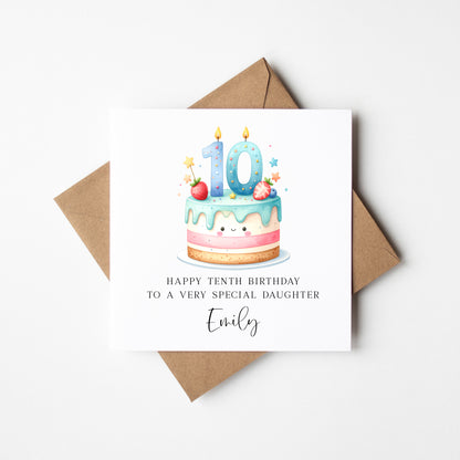 Personalised 10th Birthday Card Cake Number 10 pastel kids card (Envelope Included)
