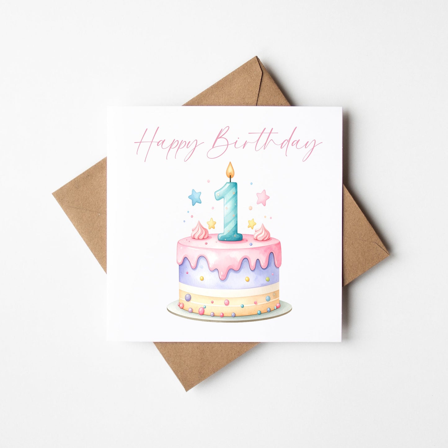 1st Birthday Card Pink, Blue, & Green Cake Number 1 with Envelope