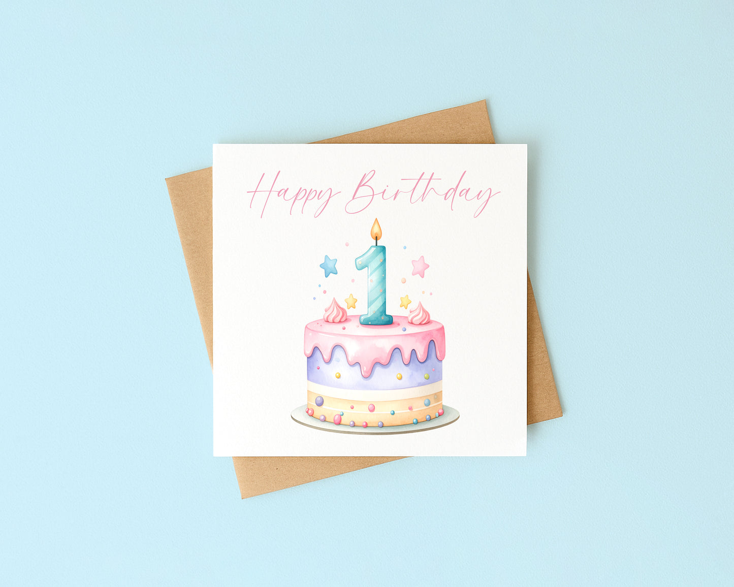 1st Birthday Card Pink, Blue, & Green Cake Number 1 with Envelope