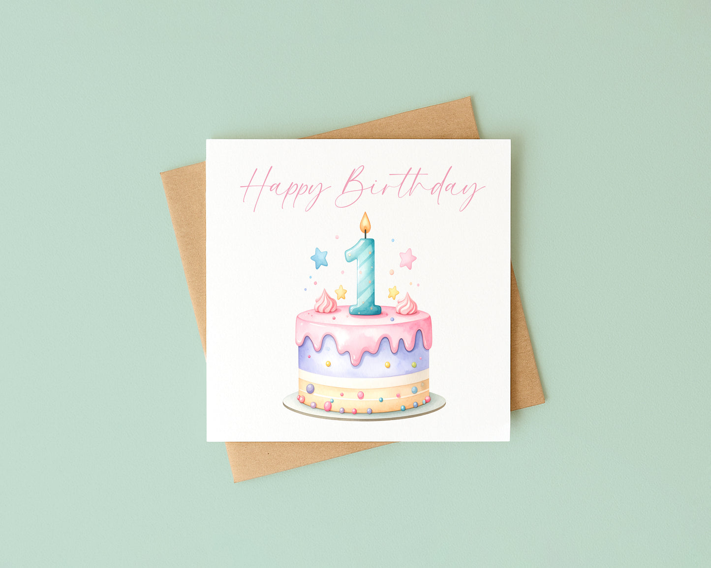 1st Birthday Card Pink, Blue, & Green Cake Number 1 with Envelope