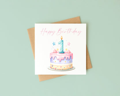 1st Birthday Card Pink, Blue, & Green Cake Number 1 with Envelope