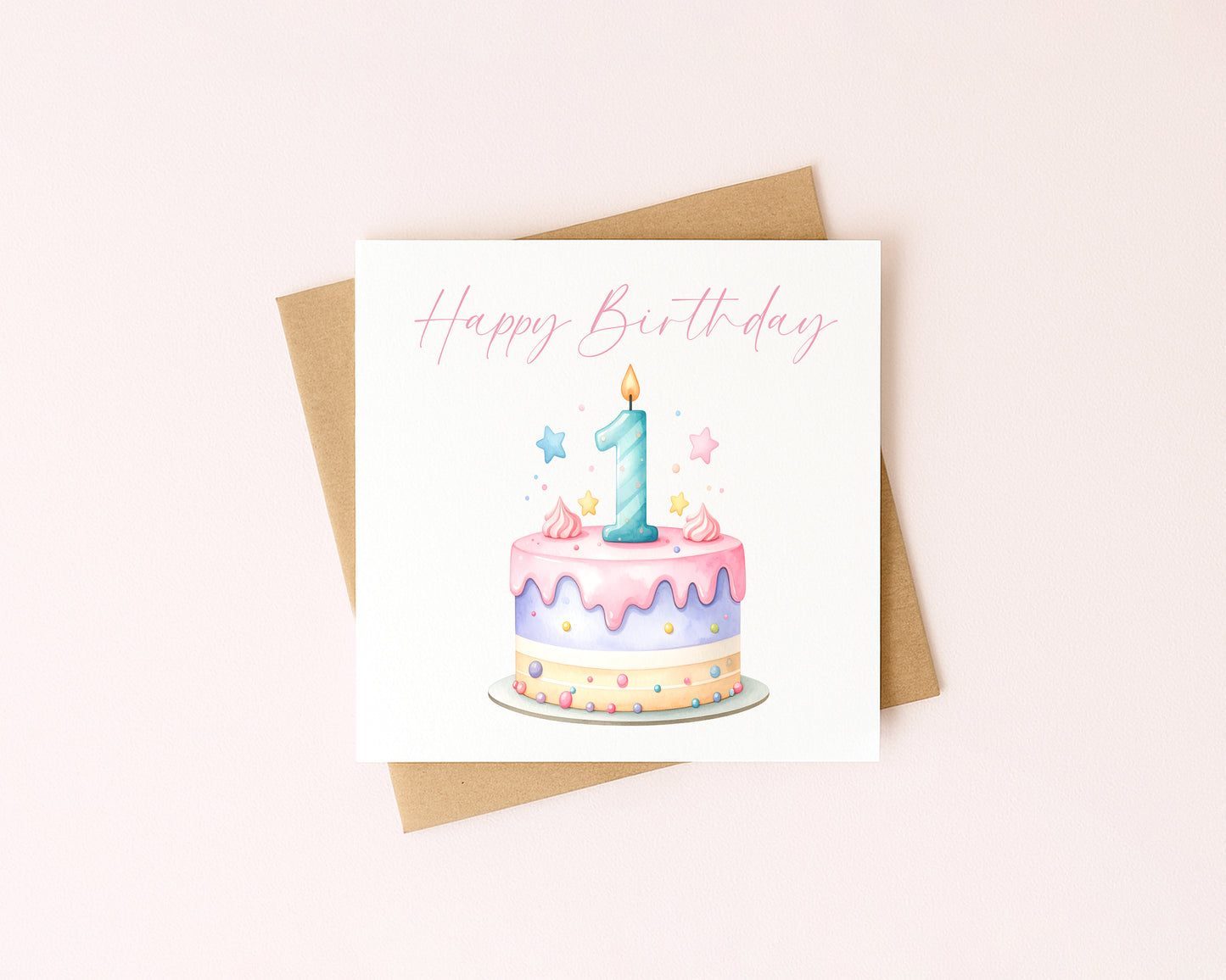 1st Birthday Card Pink, Blue, & Green Cake Number 1 with Envelope