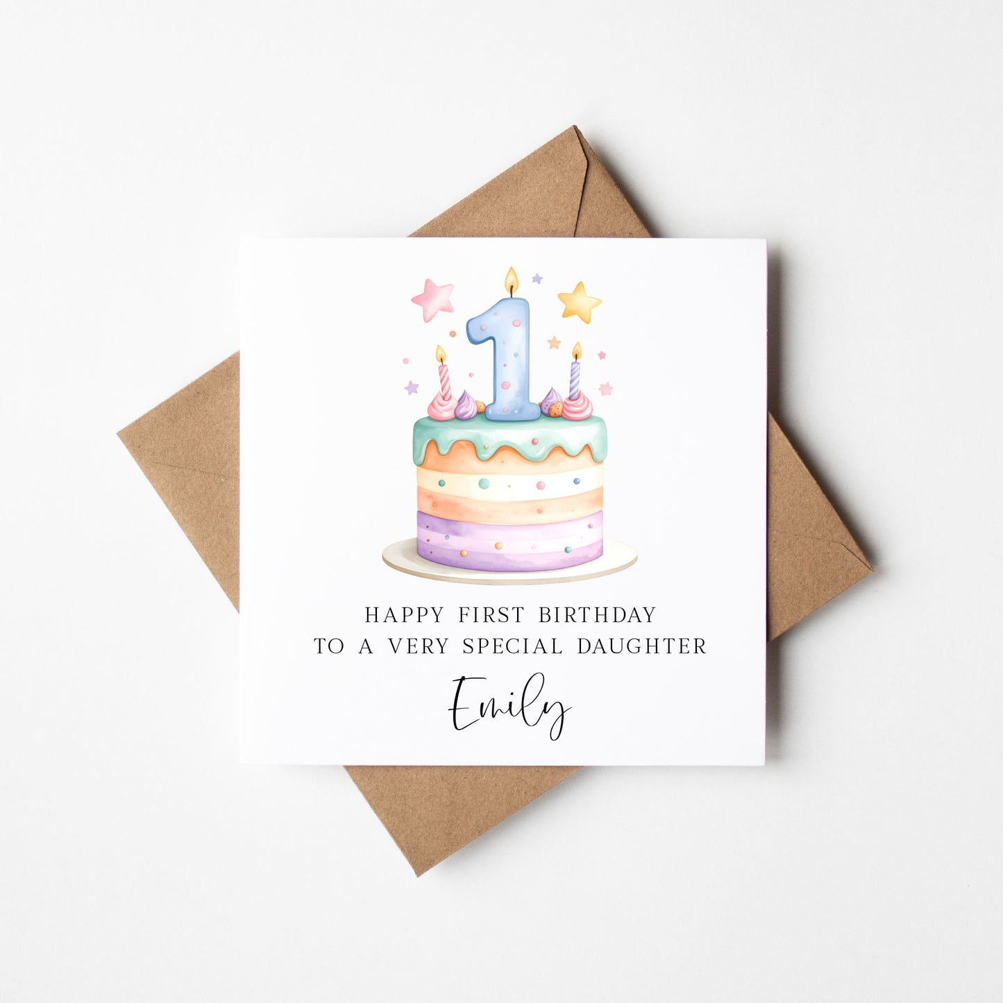 Personalised 1st Birthday Card Cake Number 1 pastel pretty cake kids card with Kraft brown envelope