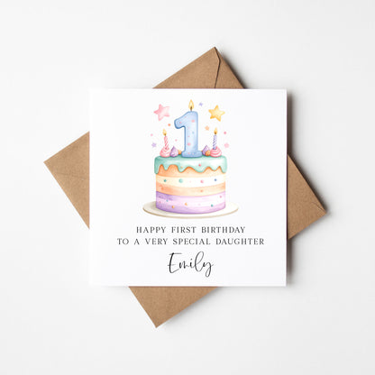 Personalised 1st Birthday Card Cake Number 1 pastel pretty cake kids card with Kraft brown envelope