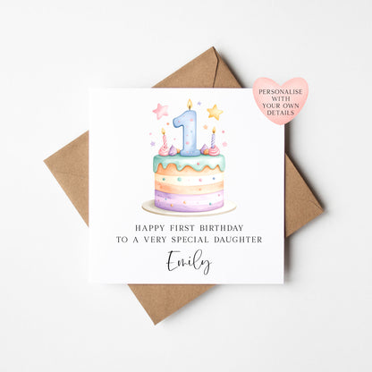 Personalised 1st Birthday Card Cake Number 1 pastel pretty cake kids card with Kraft brown envelope