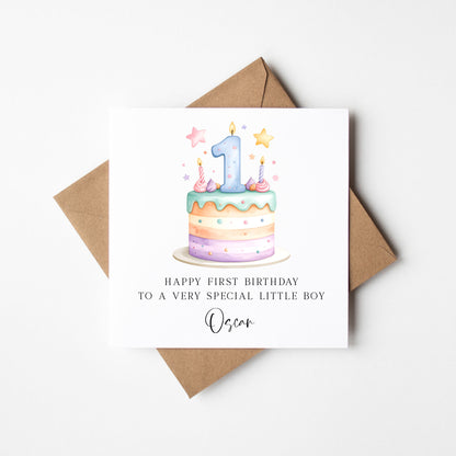 Personalised 1st Birthday Card Cake Number 1 pastel pretty cake kids card with Kraft brown envelope