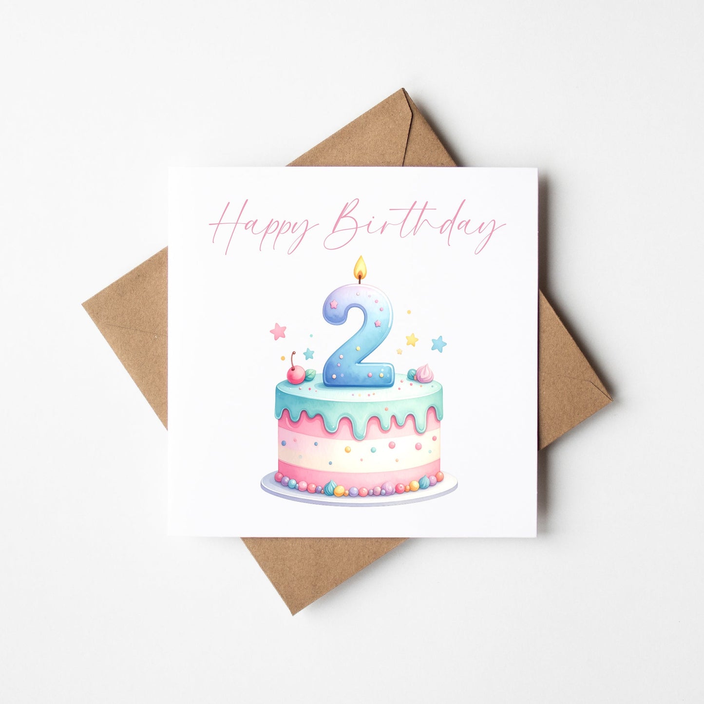 2nd Birthday Card Pink, Blue, & Green Cake Number 2 with Envelope