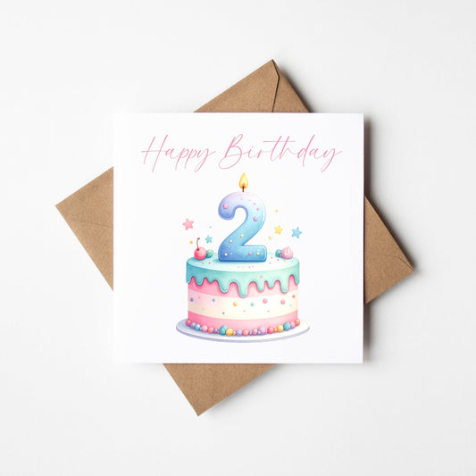 2nd Birthday Card Pink, Blue, & Green Cake Number 2 with Envelope