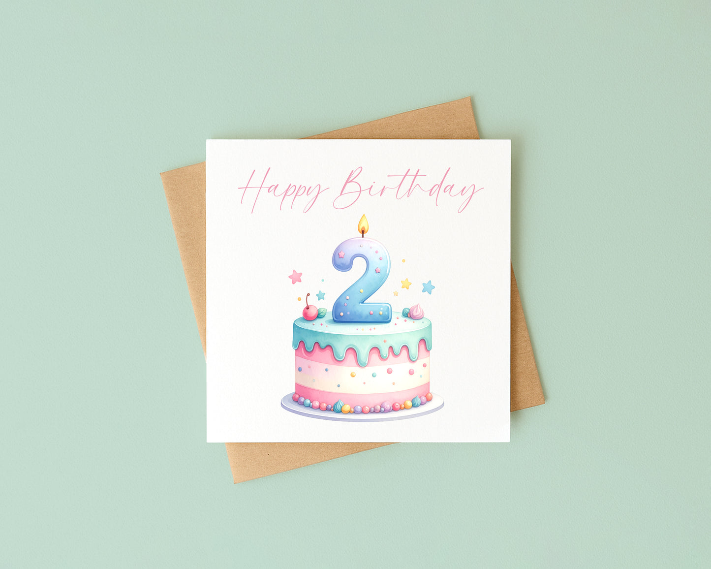 2nd Birthday Card Pink, Blue, & Green Cake Number 2 with Envelope