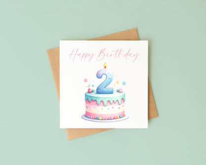 2nd Birthday Card Pink, Blue, & Green Cake Number 2 with Envelope