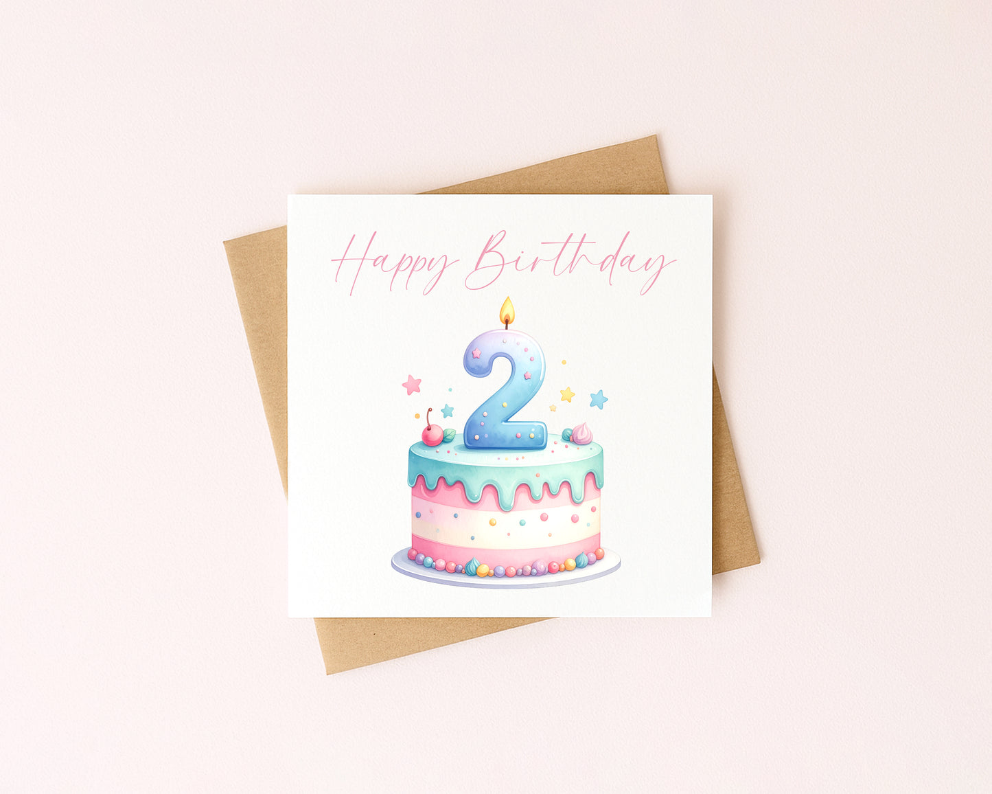 2nd Birthday Card Pink, Blue, & Green Cake Number 2 with Envelope