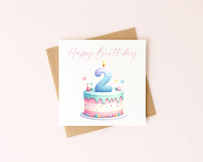 2nd Birthday Card Pink, Blue, & Green Cake Number 2 with Envelope