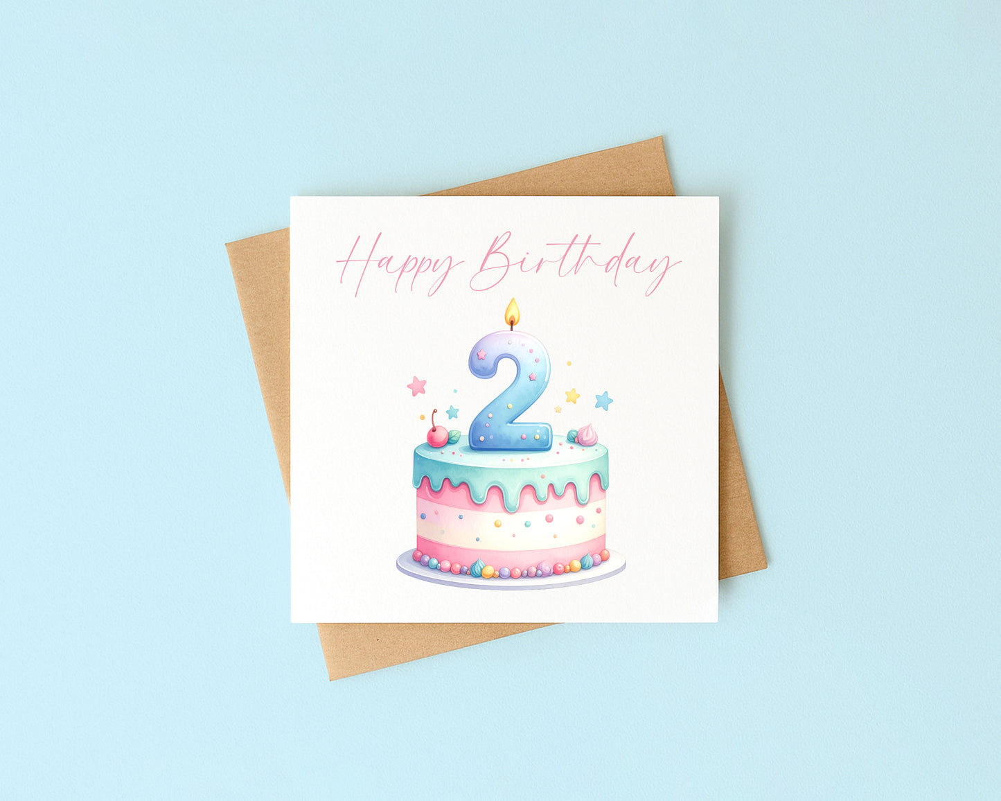 2nd Birthday Card Pink, Blue, & Green Cake Number 2 with Envelope