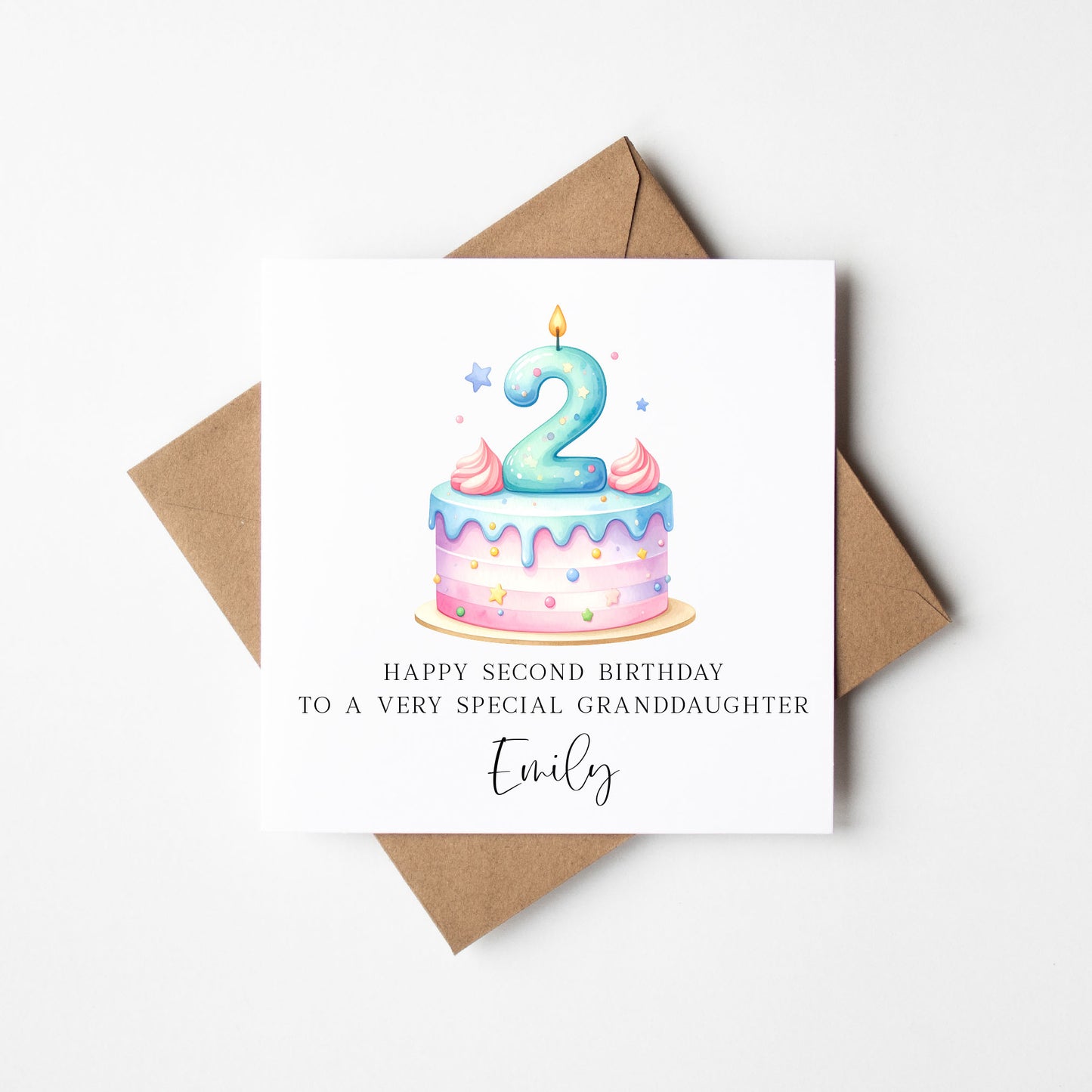 Personalised 2nd Birthday Card Cake Number 2 pastel pretty cake kids card with Kraft brown envelope