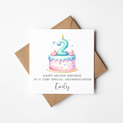 Personalised 2nd Birthday Card Cake Number 2 pastel pretty cake kids card with Kraft brown envelope