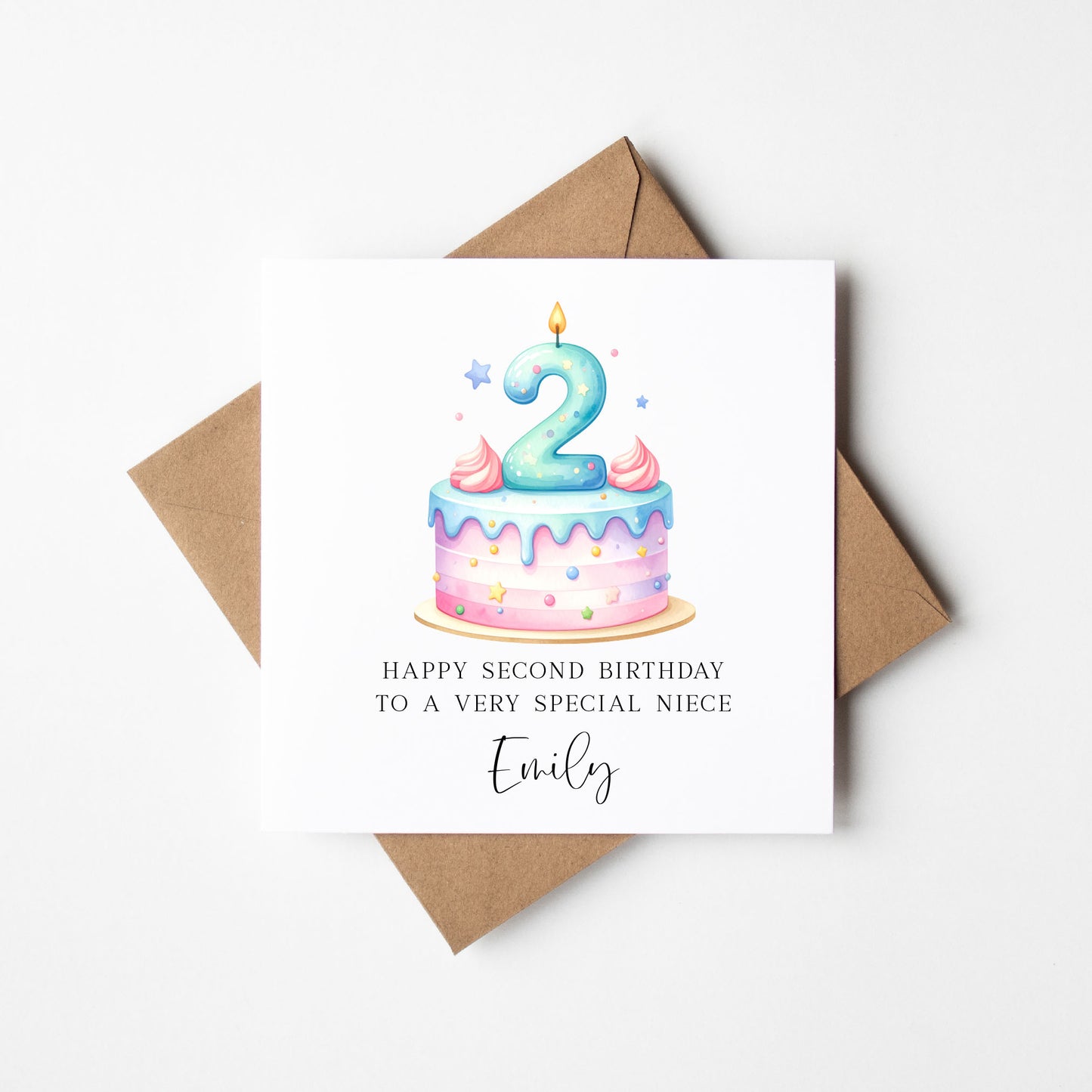 Personalised 2nd Birthday Card Cake Number 2 pastel pretty cake kids card with Kraft brown envelope