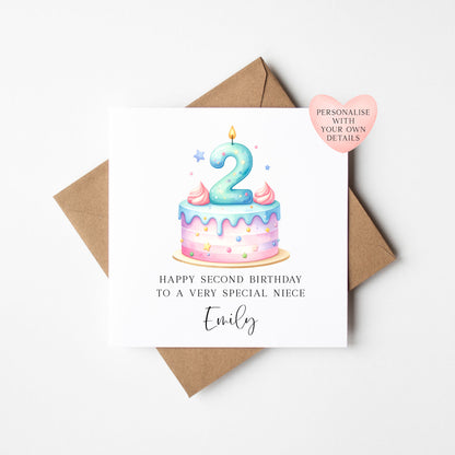Personalised 2nd Birthday Card Cake Number 2 pastel pretty cake kids card with Kraft brown envelope