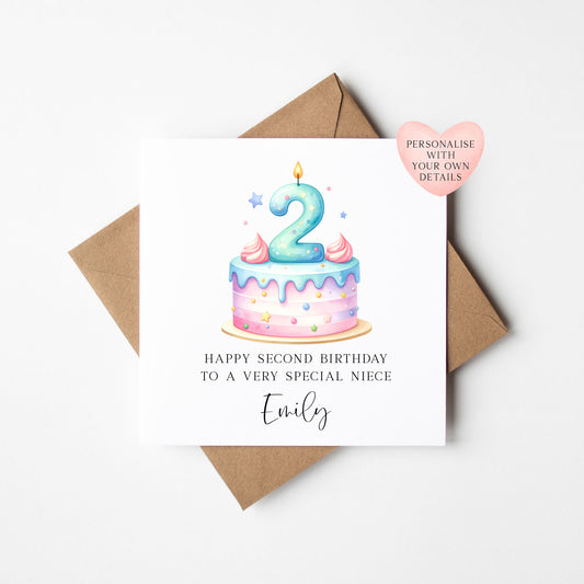 Personalised 2nd Birthday Card Cake Number 2 pastel pretty cake kids card with Kraft brown envelope