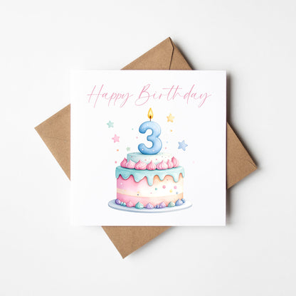 3rd Birthday Card Pink, Blue, & Green Cake Number 3 with Envelope