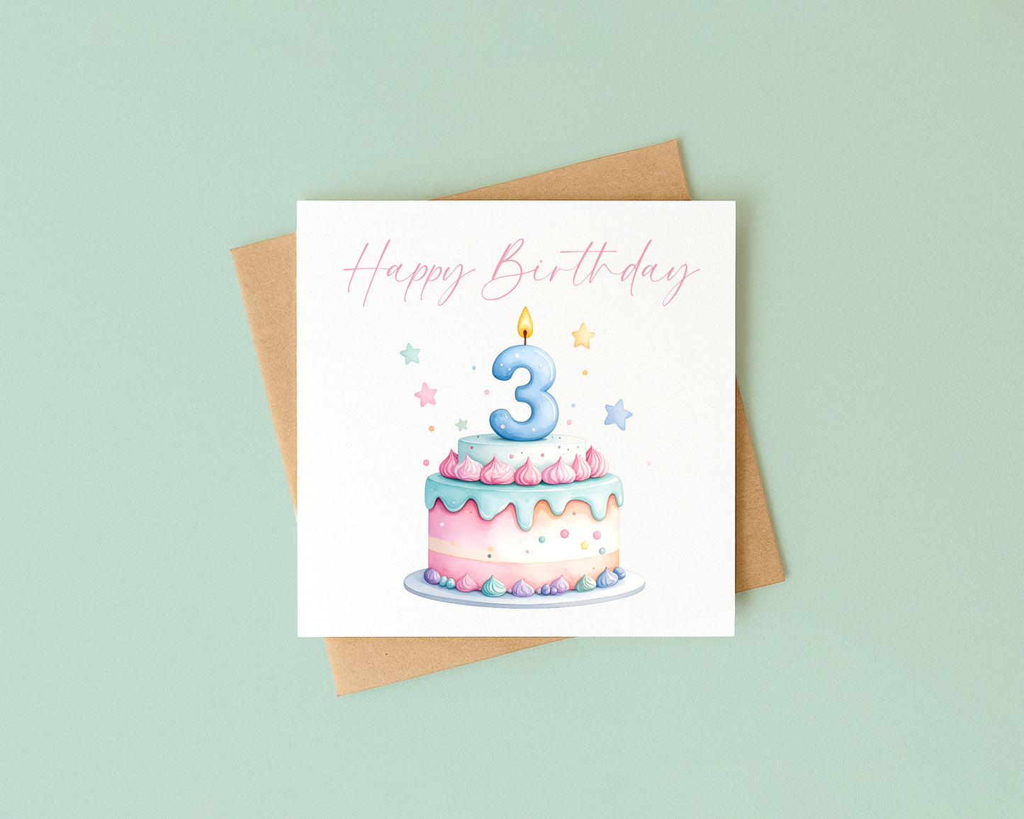 3rd Birthday Card Pink, Blue, & Green Cake Number 3 with Envelope