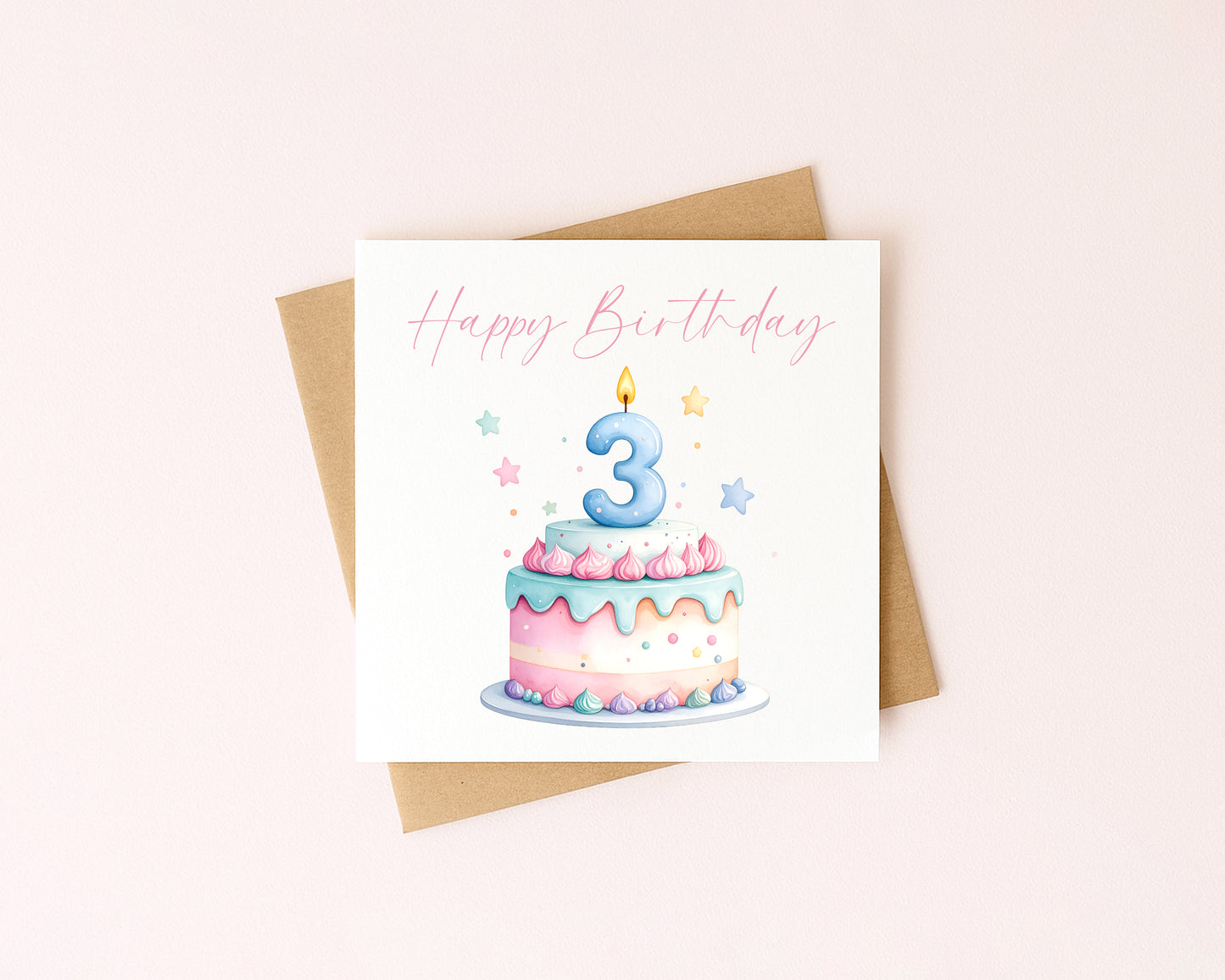 3rd Birthday Card Pink, Blue, & Green Cake Number 3 with Envelope