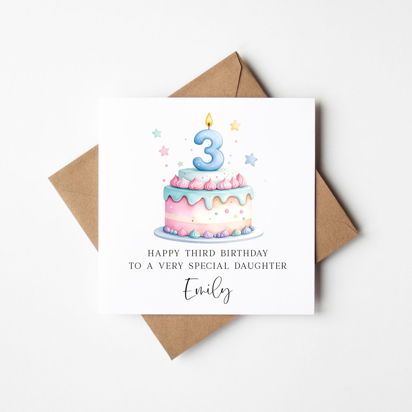 Personalised 3rd Birthday Card Cake Number 3 pastel pretty cake kids card with Kraft brown envelope