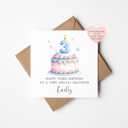 Personalised 3rd Birthday Card Cake Number 3 pastel pretty cake kids card with Kraft brown envelope