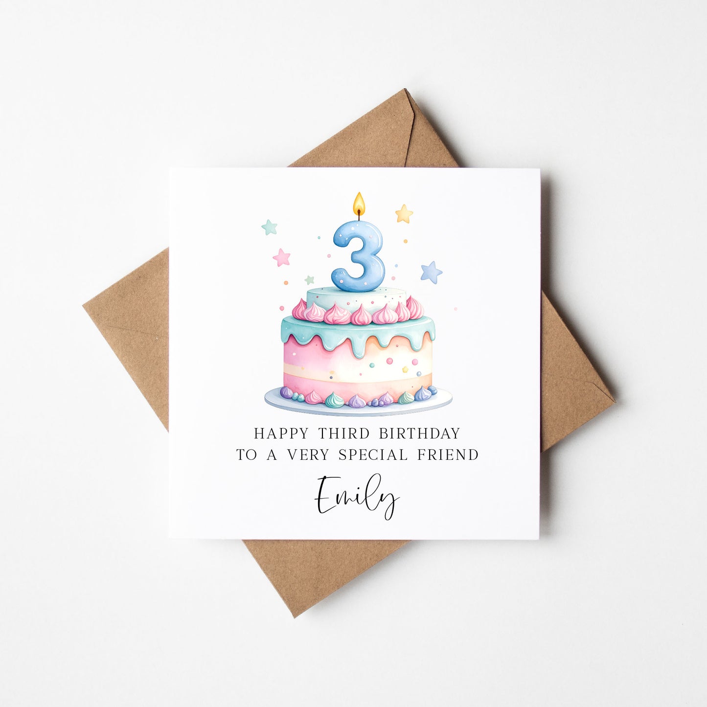 Personalised 3rd Birthday Card Cake Number 3 pastel pretty cake kids card with Kraft brown envelope