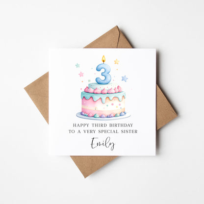 Personalised 3rd Birthday Card Cake Number 3 pastel pretty cake kids card with Kraft brown envelope