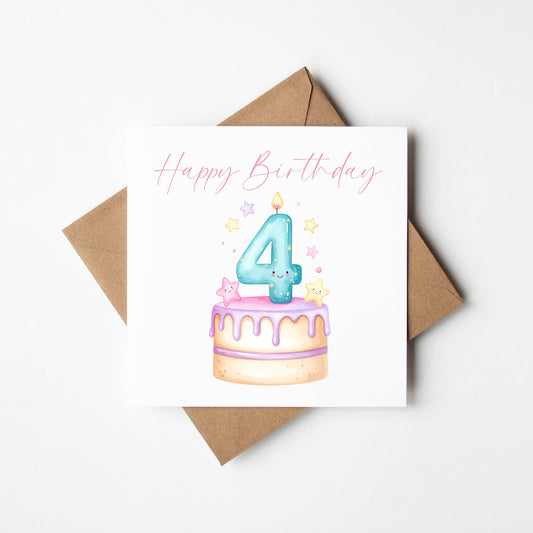 4th Birthday Card Pink, Blue, & Green Cake Number 4 with Envelope