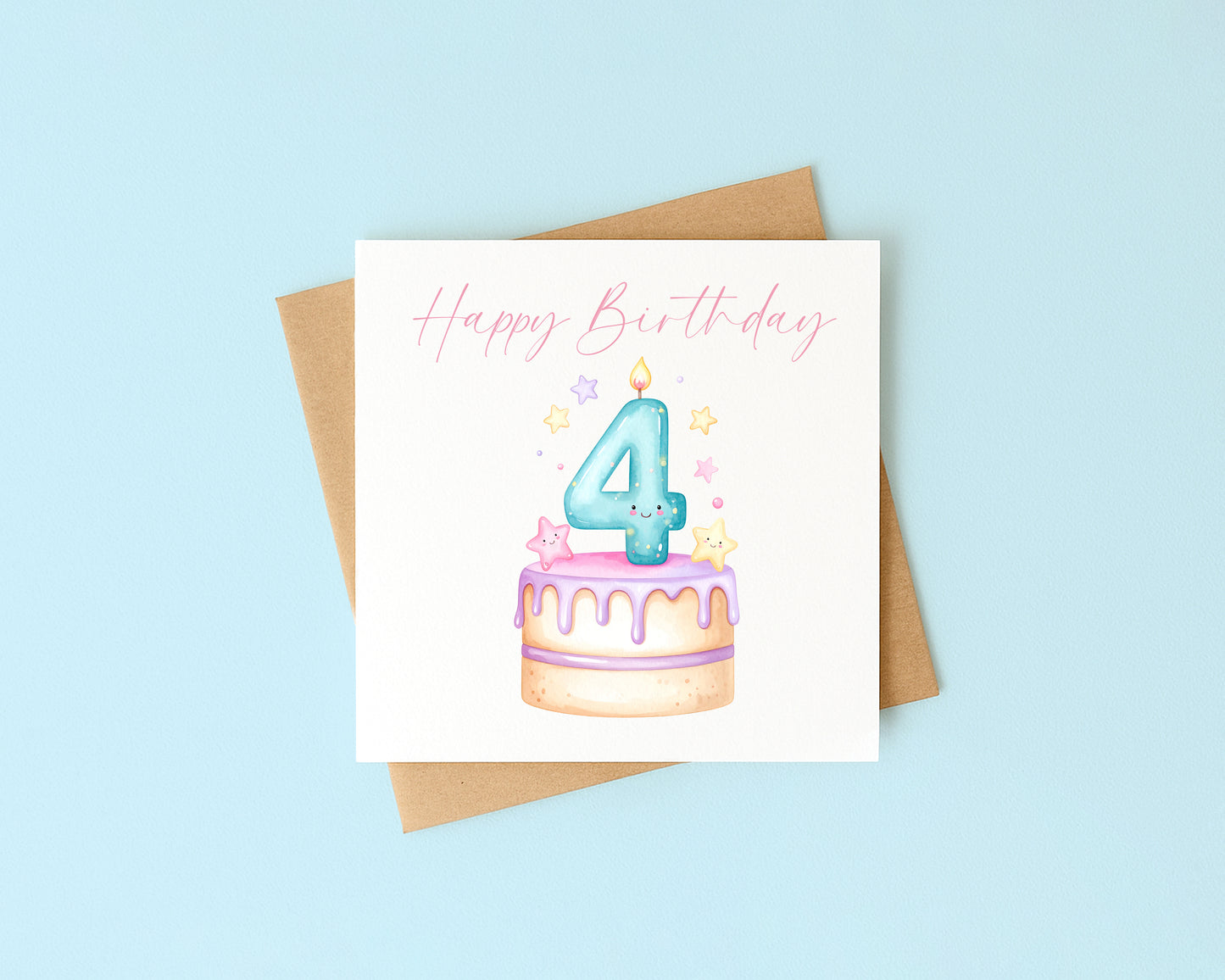 4th Birthday Card Pink, Blue, & Green Cake Number 4 with Envelope