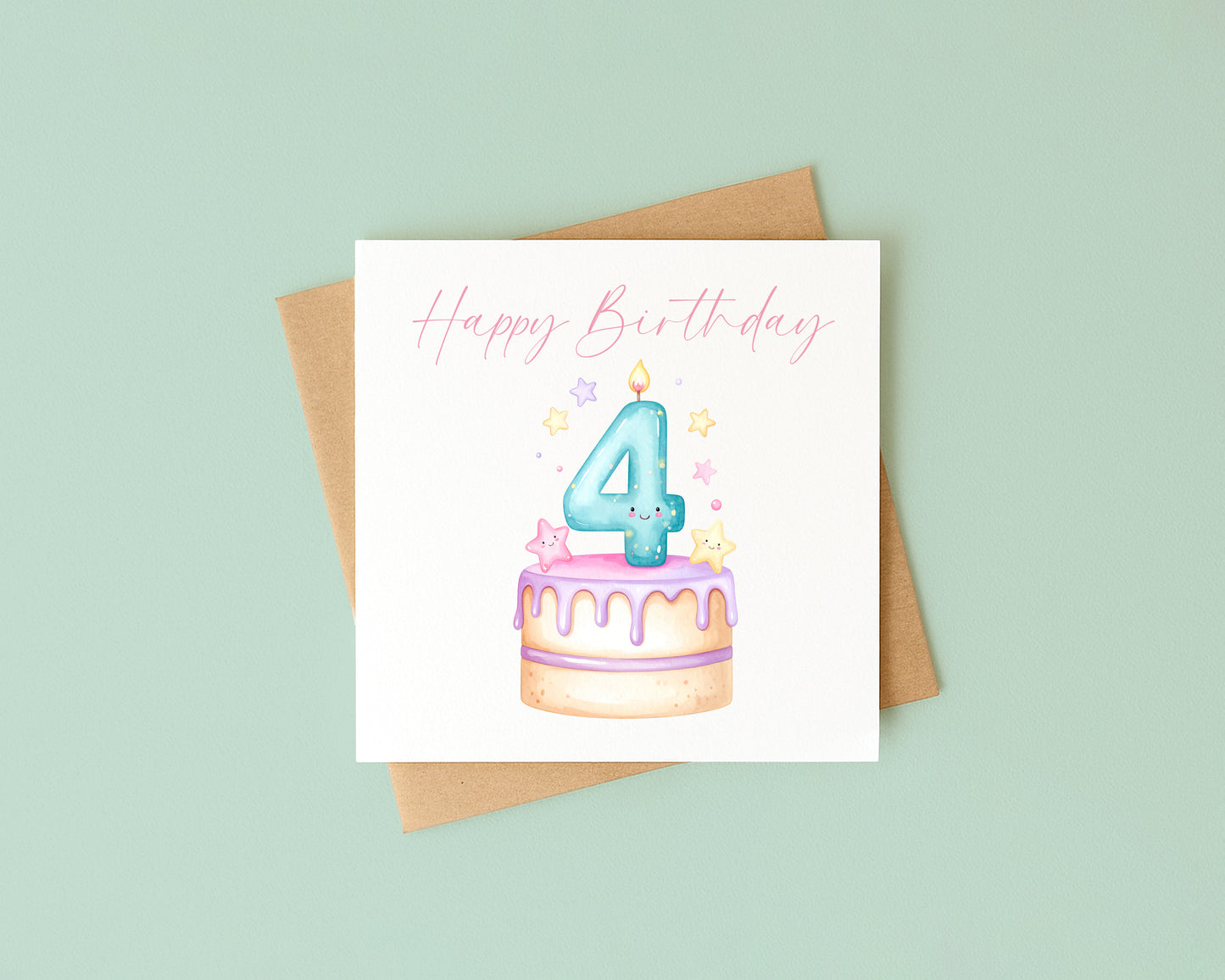 4th Birthday Card Pink, Blue, & Green Cake Number 4 with Envelope