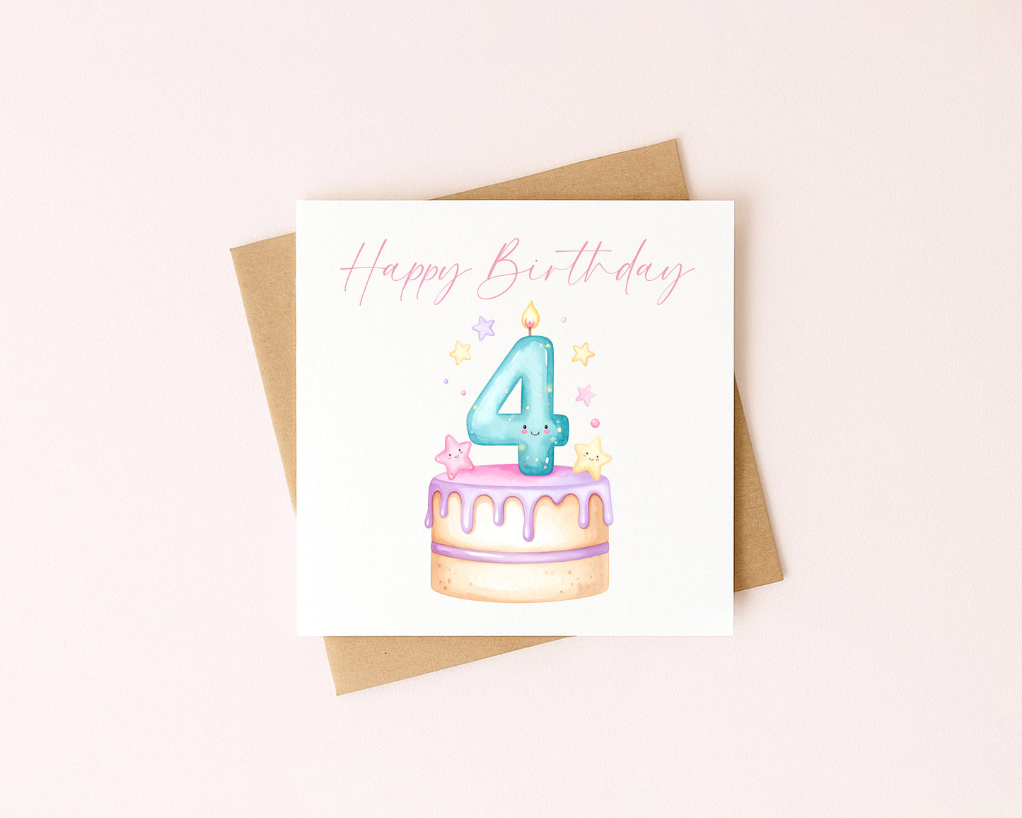 4th Birthday Card Pink, Blue, & Green Cake Number 4 with Envelope