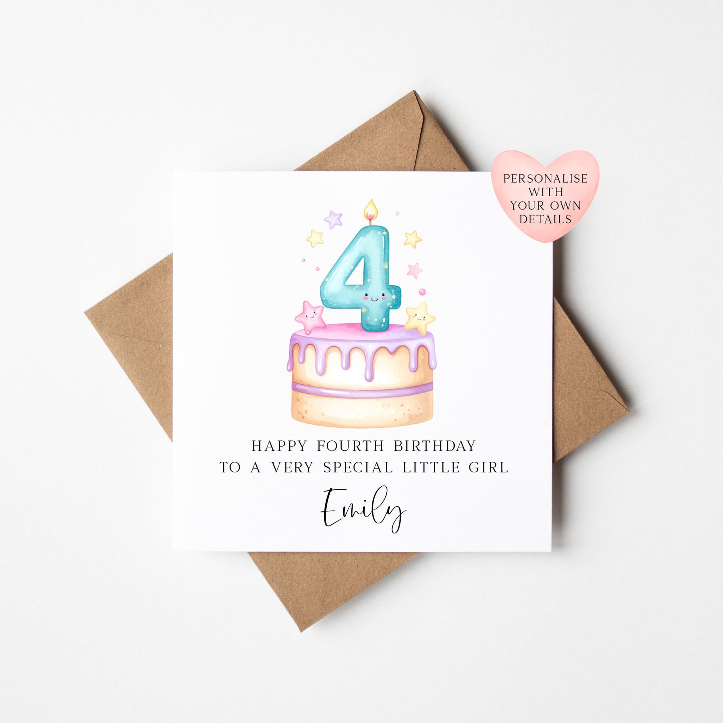 Personalised 4th Birthday Card Cake Number 4 pastel pretty cake kids card with Kraft brown envelope