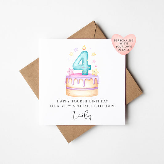 Personalised 4th Birthday Card Cake Number 4 pastel pretty cake kids card with Kraft brown envelope