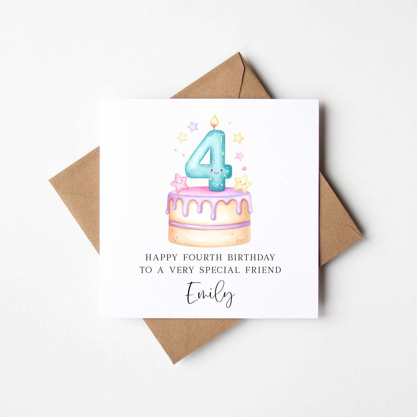 Personalised 4th Birthday Card Cake Number 4 pastel pretty cake kids card with Kraft brown envelope