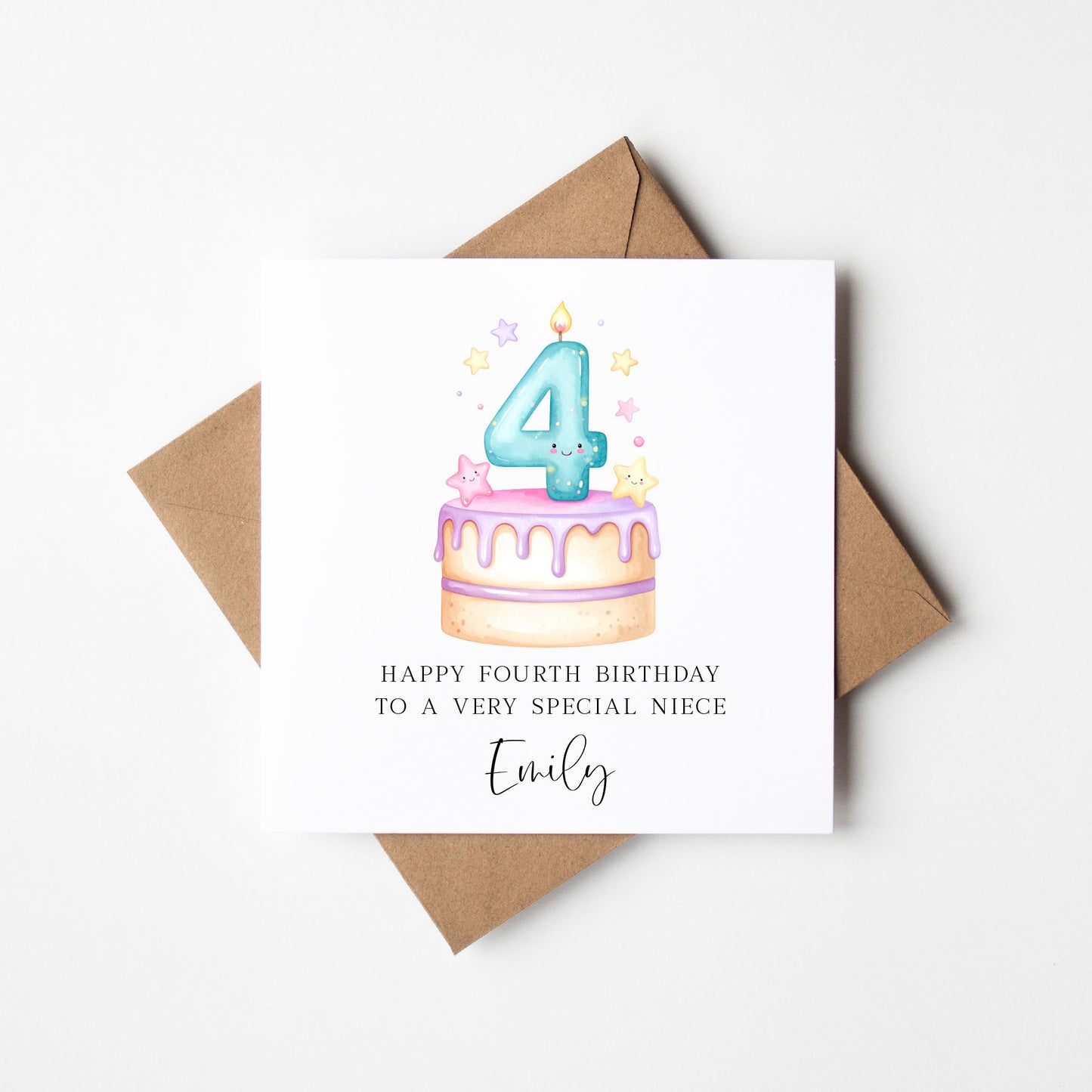 Personalised 4th Birthday Card Cake Number 4 pastel pretty cake kids card with Kraft brown envelope