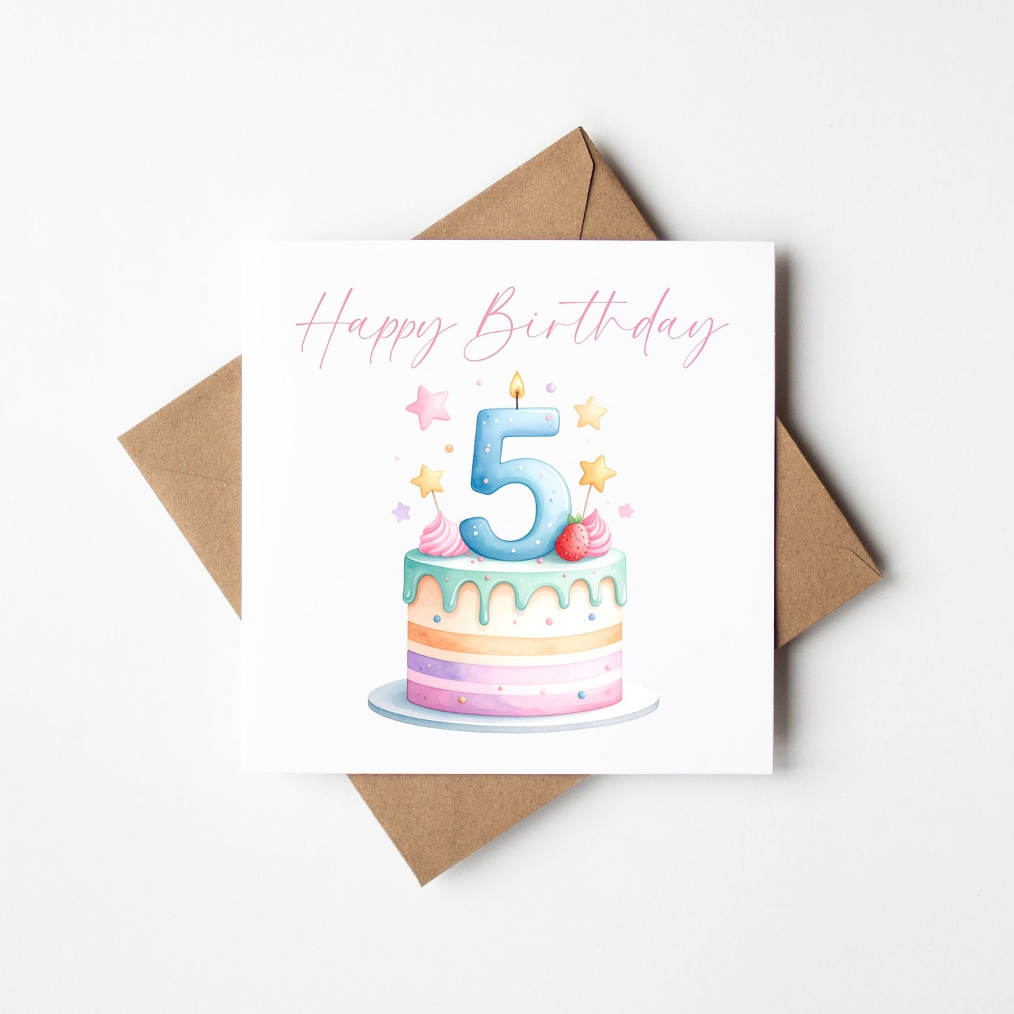 5th Birthday Card Pink, Blue, & Green Cake Number 5 with Envelope