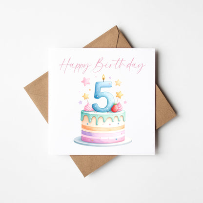 5th Birthday Card Pink, Blue, & Green Cake Number 5 with Envelope