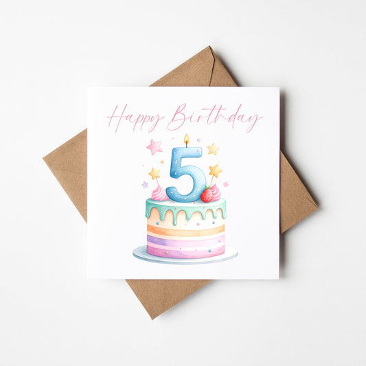 5th Birthday Card Pink, Blue, & Green Cake Number 5 with Envelope