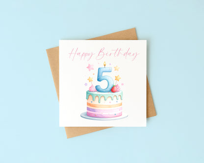 5th Birthday Card Pink, Blue, & Green Cake Number 5 with Envelope