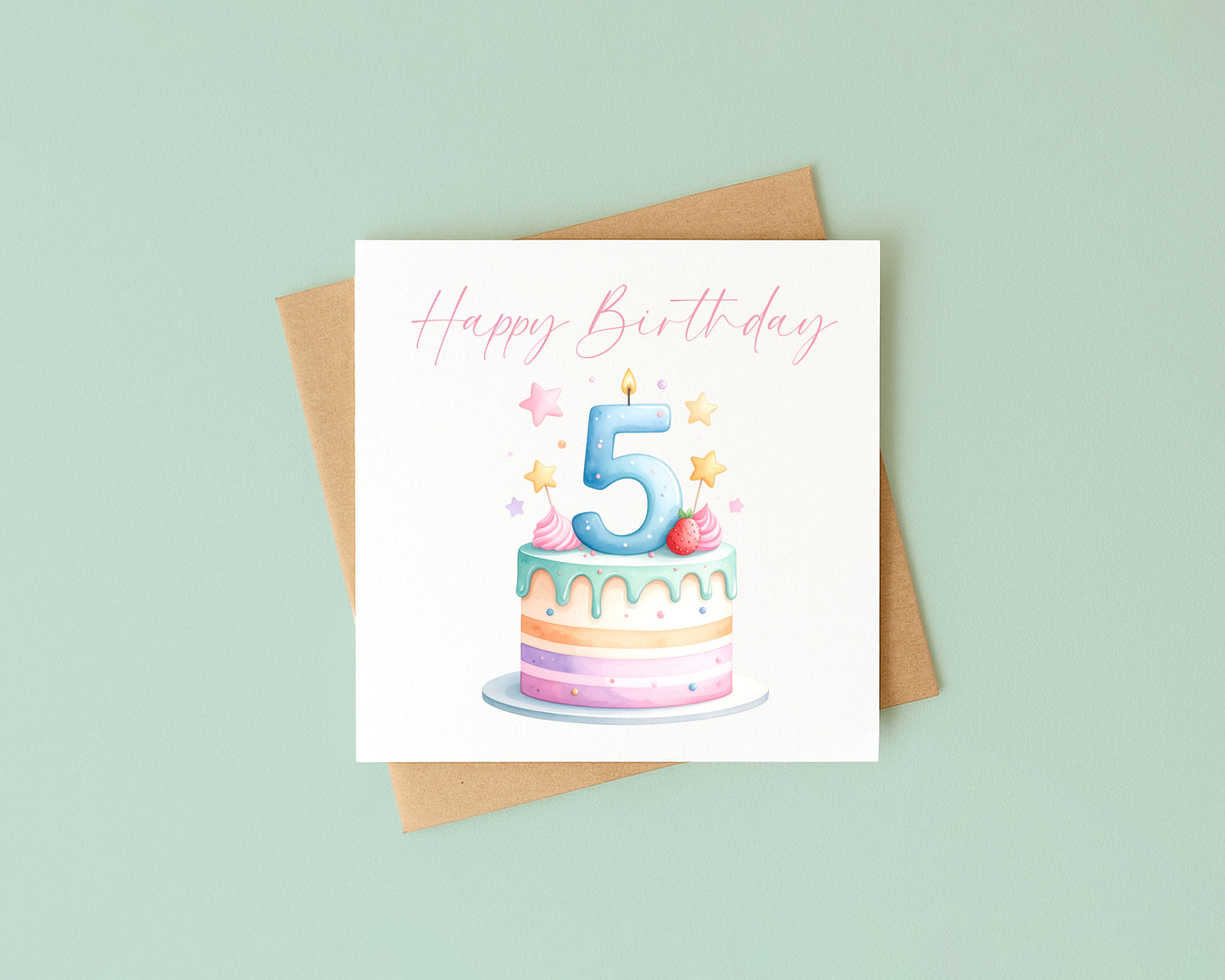 5th Birthday Card Pink, Blue, & Green Cake Number 5 with Envelope