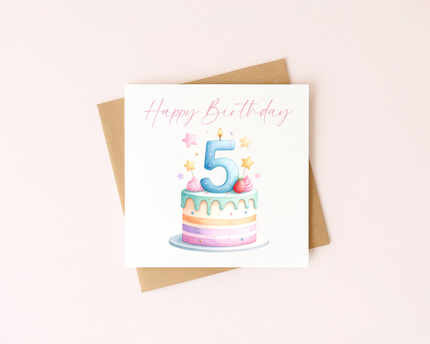 5th Birthday Card Pink, Blue, & Green Cake Number 5 with Envelope