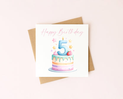 5th Birthday Card Pink, Blue, & Green Cake Number 5 with Envelope