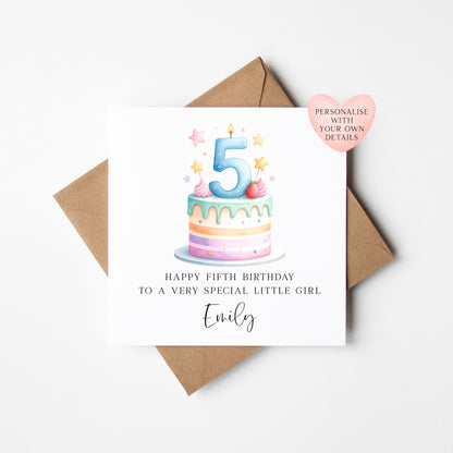 Personalised 5th Birthday Card Cake Number 5 pastel kids card (Envelope Included)